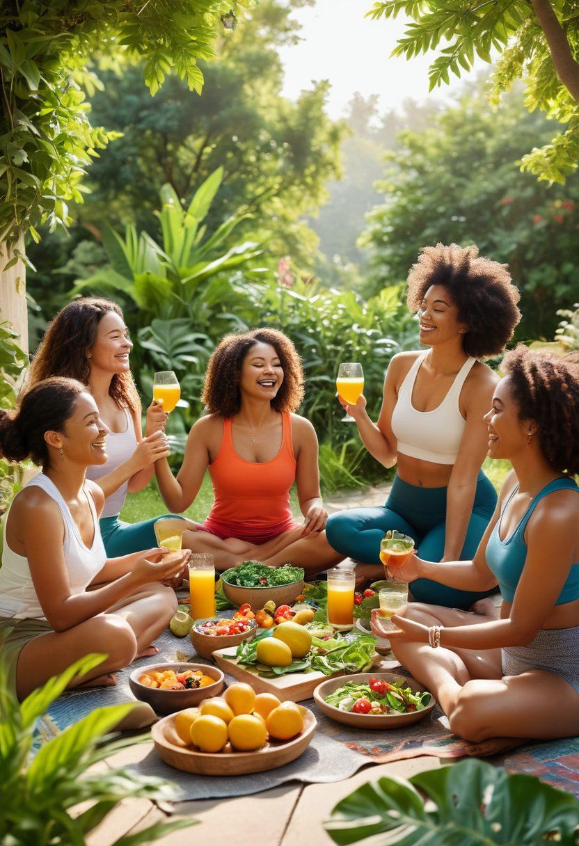 A joyful scene depicting women of diverse backgrounds celebrating together, enjoying healthy food and drinks in a vibrant outdoor setting filled with greenery. Include elements of yoga, laughter, and wellness activities like meditation or group exercises. The atmosphere should be uplifting and colorful, radiating positivity and well-being. super-realistic. vibrant colors. sunny day.