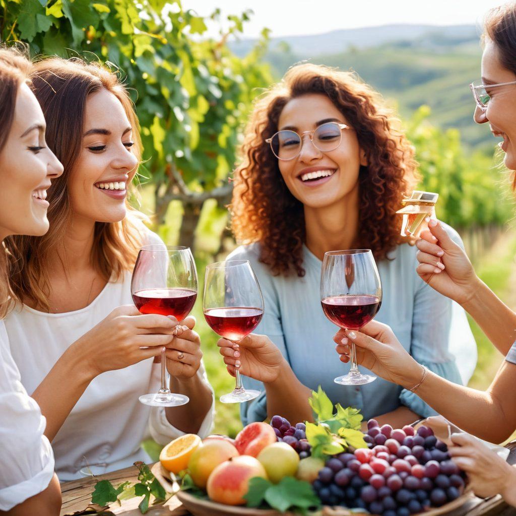 A joyful woman clinking wine glasses with friends in a sunlit vineyard, surrounded by lush grapevines and blooming wildflowers. The scene captures laughter and camaraderie, with glasses filled with vibrant rosé wine reflecting the warm sunlight. Include elements of health and wellness like fruits and herbs on the table, creating an atmosphere of celebration and empowerment. watercolor style. vibrant colors. soft focus.